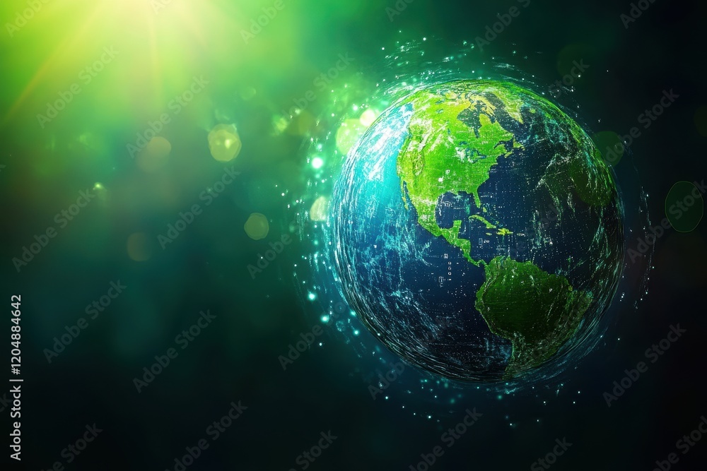 Interactive Digital Globe Visualizing Planet Earth with Vibrant Colors and Sparkling Effects Against a Dark Green Background Interactive Digital Globe Visualizing Planet Earth with Vibrant Colors and Sparkling Effects Against a Dark Green Background