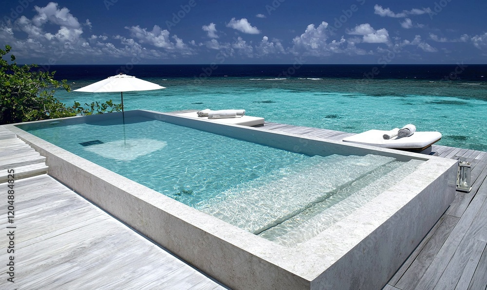 Infinity pool overlooking turquoise ocean with lounge chairs, parasol, and sunny sky Infinity pool overlooking turquoise ocean with lounge chairs, parasol, and sunny sky