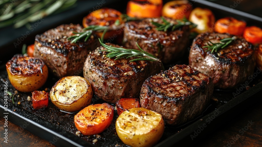 A filet mignon steak served with garlic butter, aromatic rosemary sprigs and a side of roasted vegetables. A filet mignon steak served with garlic butter, aromatic rosemary sprigs and a side of roasted vegetables.