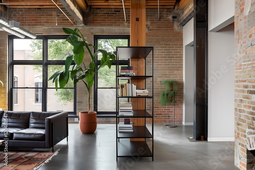 Industrial-inspired studio interior with exposed brick walls, metal accents, and an open shelving unit doubling as a room divider.
