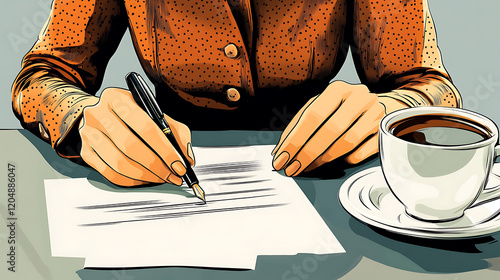 A woman is writing on a piece of paper with a pen