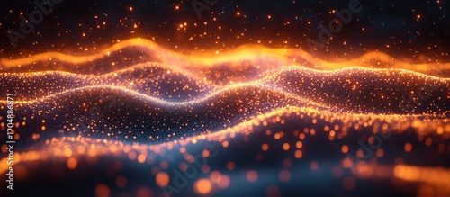 Abstract glowing orange particles wave.