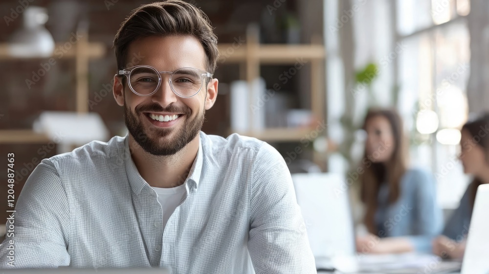 Smart businessman smiling at camera, wearing trendy transparent glasses Smart businessman smiling at camera, wearing trendy transparent glasses
