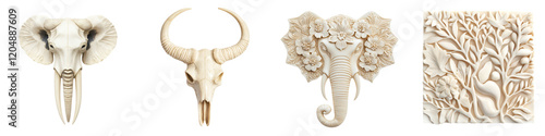 Intricate and Ornate Carved Elephant Skull with Decorative Horns Featuring Tribal and Ethnic Patterns and Designs for Bohemian Rustic or Spiritual Home Decor and Interiors