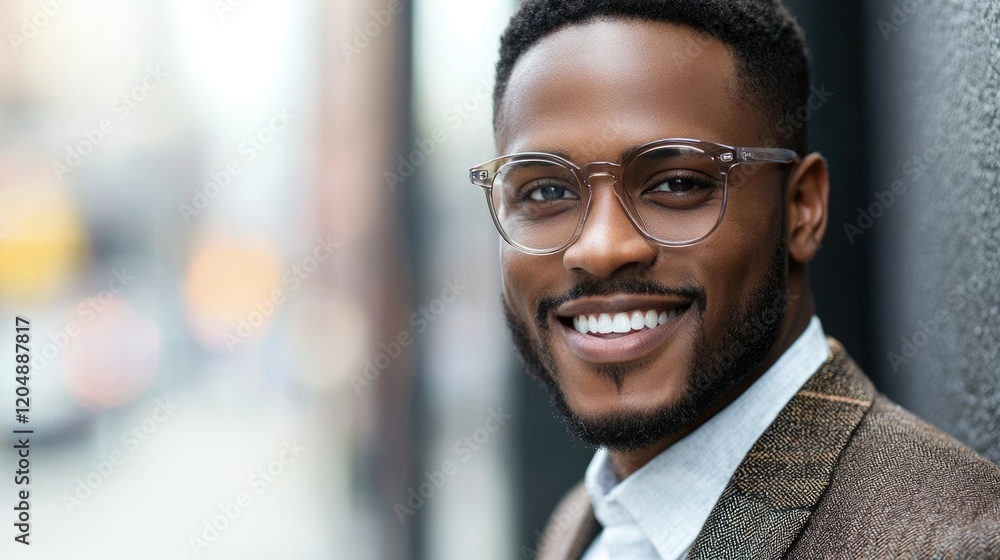 Smart businessman smiling at camera, wearing trendy transparent glasses Smart businessman smiling at camera, wearing trendy transparent glasses