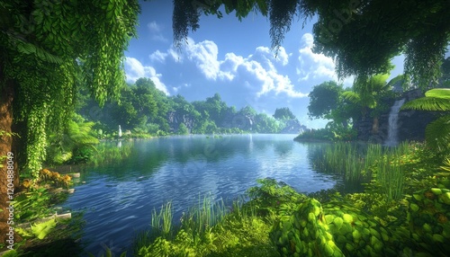 tranquil view of a natural lake surrounded by thick jungle foliage, with sunlight filtering through the trees and reflecting on the water's surface