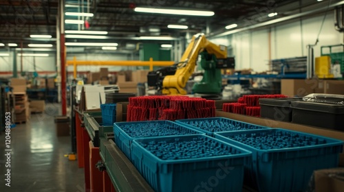 Robotic arm transferring molded plastic parts manufacturing facility industrial automation clean environment side view efficiency concept