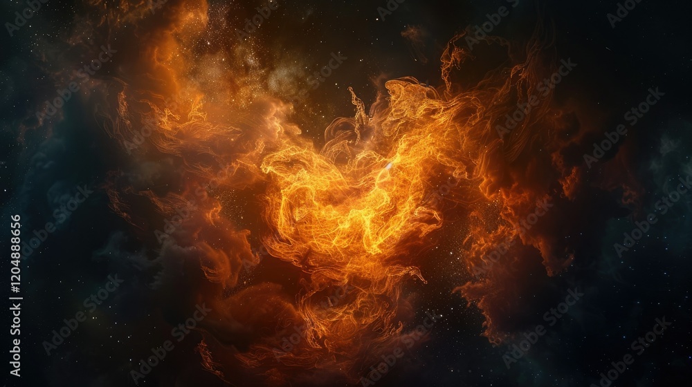 A vibrant image of a heart-shaped fire, with glowing orange flames on a dark smoky background A vibrant image of a heart-shaped fire, with glowing orange flames on a dark smoky background