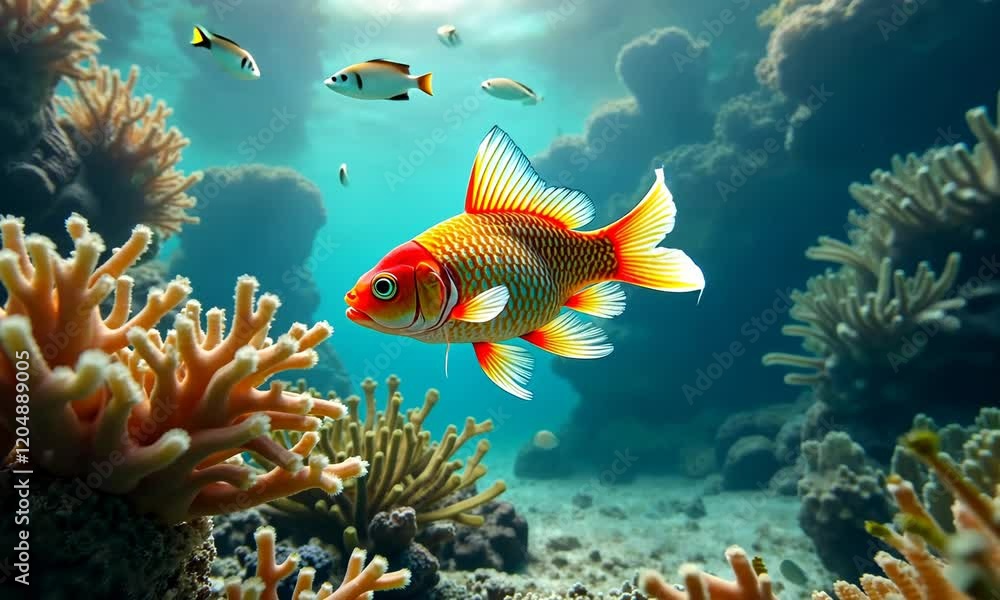 Vibrant orange fish swimming amidst coral reef. Vibrant orange fish swimming amidst coral reef.