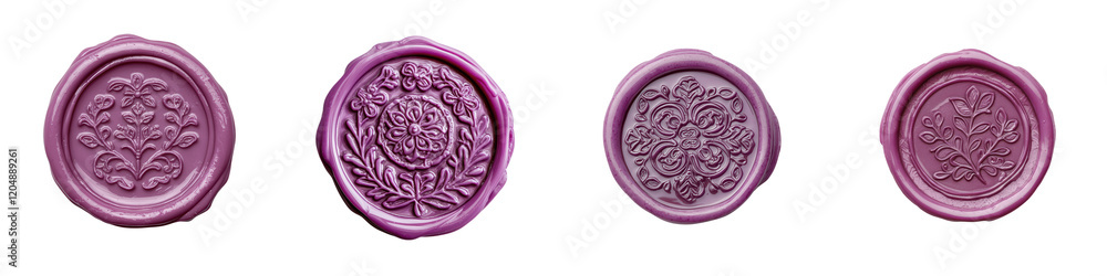 Fototapeta premium Set of Vintage Wax Seal Stamps Heraldic Crests and Ornate Emblems Embossed on a Textured Parchment or Vellum Background Elegant Decorative Patterns Representing Officialdom Tradition and Luxury