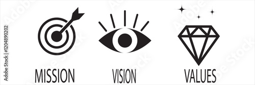 Mission Vision Values of company icon set, Success symbol isolated Organization mission flat simple info graphics design template. Colorful icons. Target, Eye Star and Diamond.
