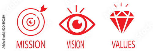Mission Vision Values of company icon set, Success symbol isolated Organization mission flat simple info graphics design template. Colorful icons. Target, Eye Star and Diamond.