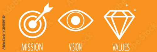 Mission Vision Values of company icon set, Success symbol isolated Organization mission flat simple info graphics design template. Colorful icons. Target, Eye Star and Diamond.