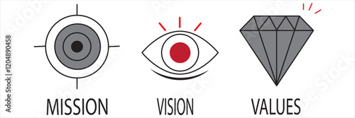Mission Vision Values of company icon set, Success symbol isolated Organization mission flat simple info graphics design template. Colorful icons. Target, Eye Star and Diamond.