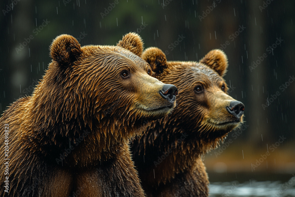 Two Brown Bears Standing Together In The Rain Two Brown Bears Standing Together In The Rain