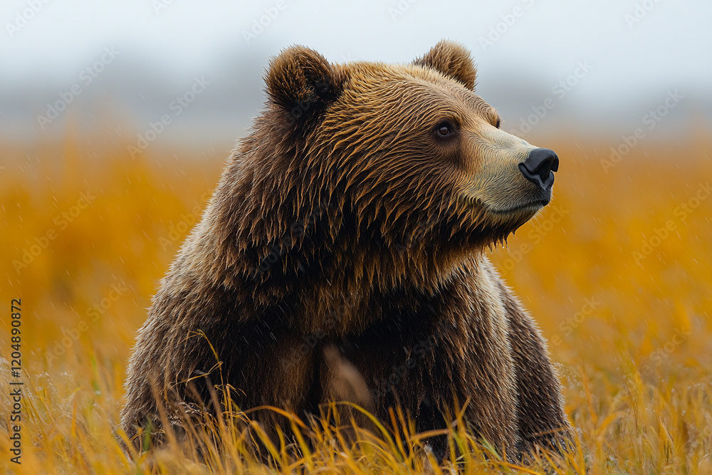 Obraz premium Grizzly Bear In Autumn Grassland During Rain