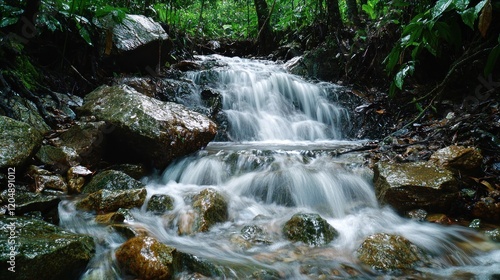 Jungle stream cascading over rocks, lush foliage background, nature serenity