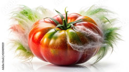 Plume-like red and green heirloom tomatoes float against a stark background in a double exposure. photo