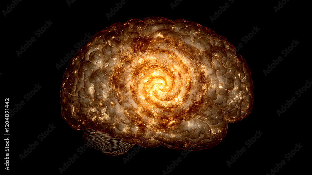 Glowing Spiral Brain, Dark Background, Medical Concept Glowing Spiral Brain, Dark Background, Medical Concept