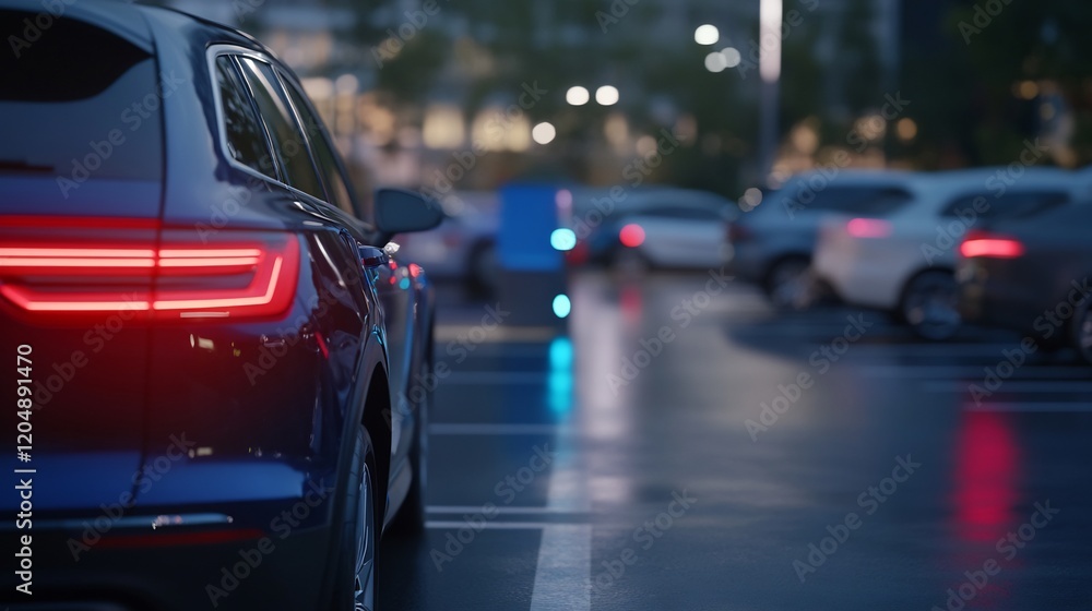 Night parking lot, car lights, city background, urban transportation Night parking lot, car lights, city background, urban transportation