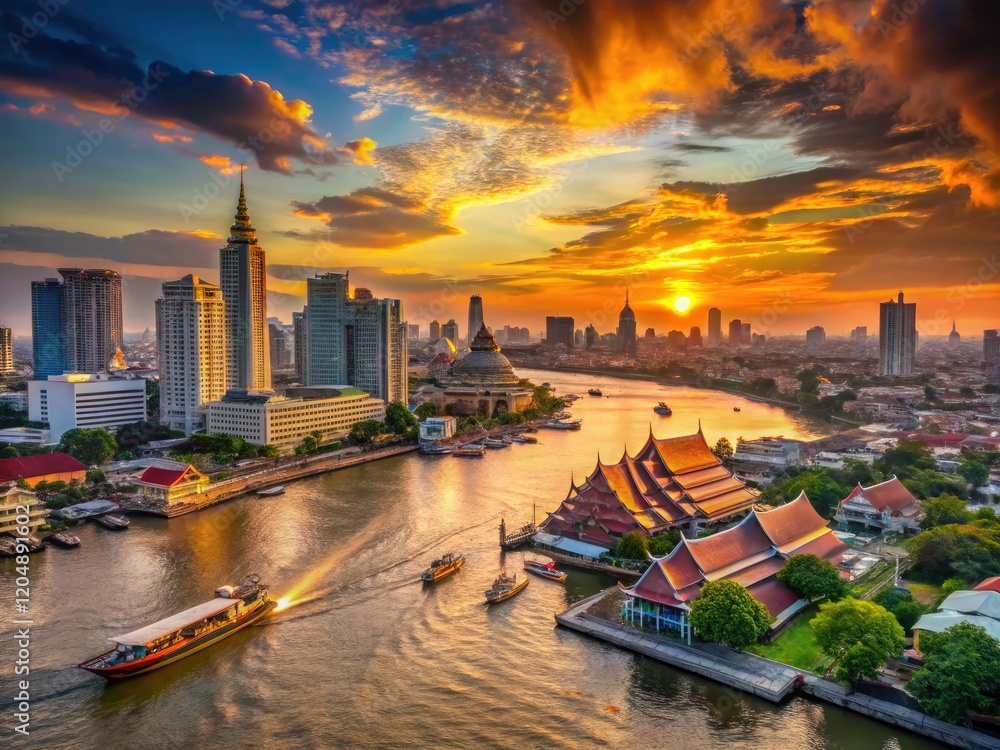 Fototapeta premium Bangkok Chaophraya River Panorama: Stunning Thailand Cityscape Aerial View