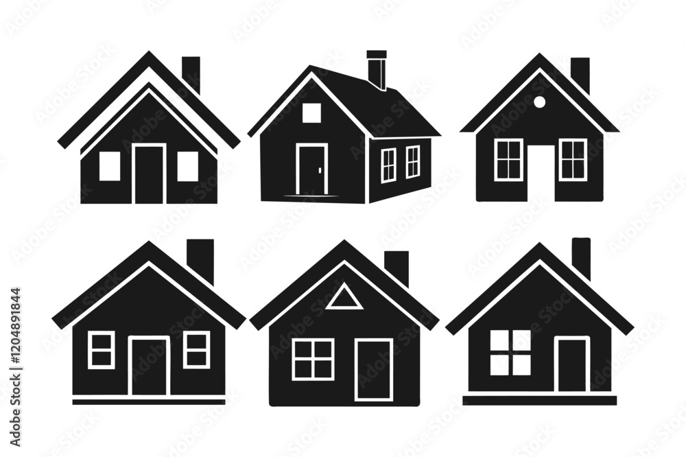 A collection of six simple, black silhouette icons of houses. A collection of six simple, black silhouette icons of houses.