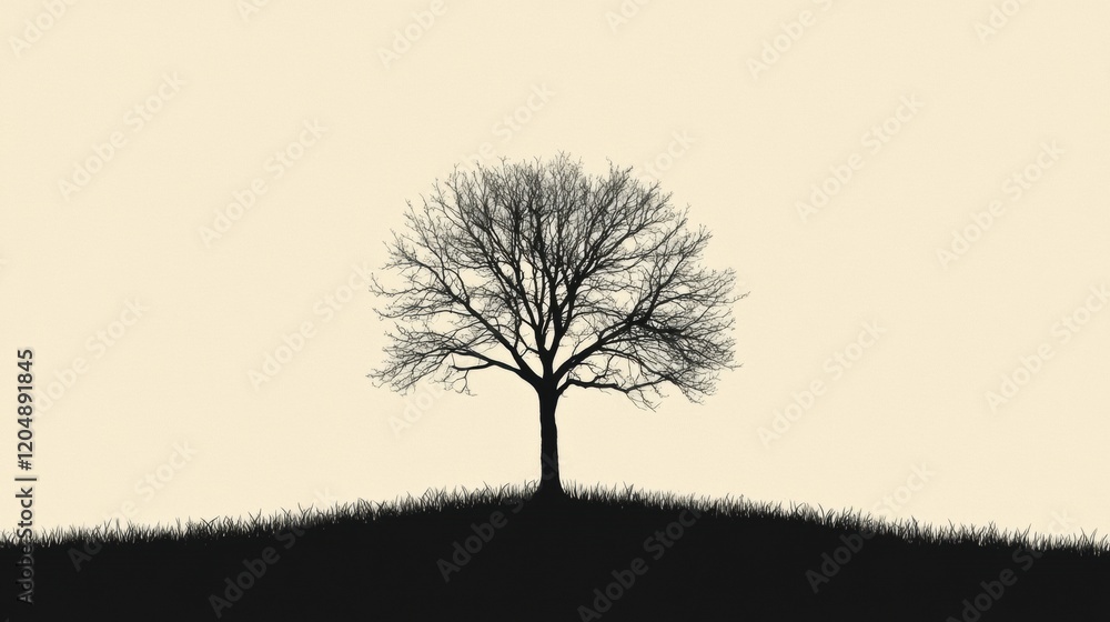 Obraz premium Silhouette of a barren tree on a grassy hill against a pale background during a calm twilight setting. Generative AI