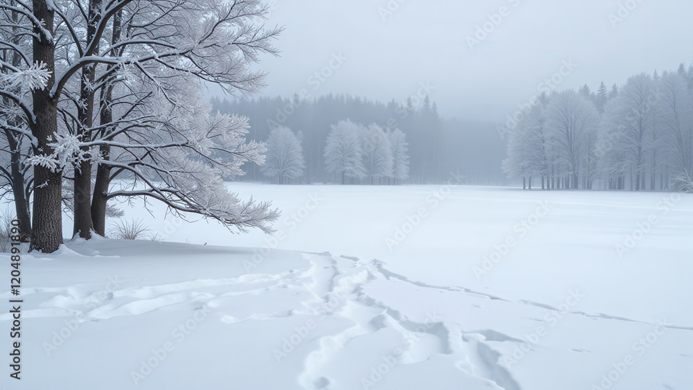 Obraz premium A serene snow-covered field stretches to distant tree-lined horizons. Snowy ground with gentle tracks leads into a cluster of trees to the left, inviting exploration amidst winter's calm beauty