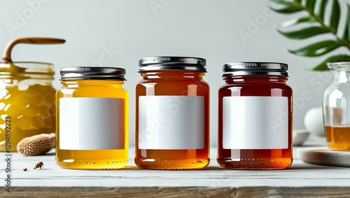 Honey Jar Mock-Up - Three Jars. Blank Label  photo