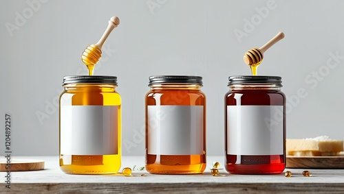 Honey Jar Mock-Up - Three Jars. Blank Label  photo