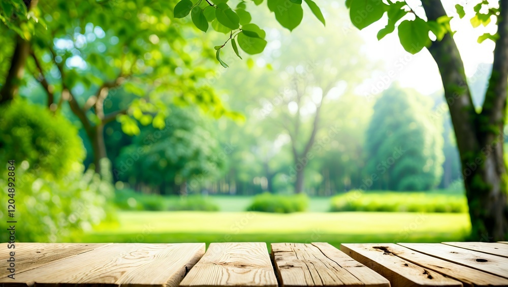 Obraz premium Empty wooden table with garden bokeh for a catering or food background with a country outdoor theme,Template mock up for display of product