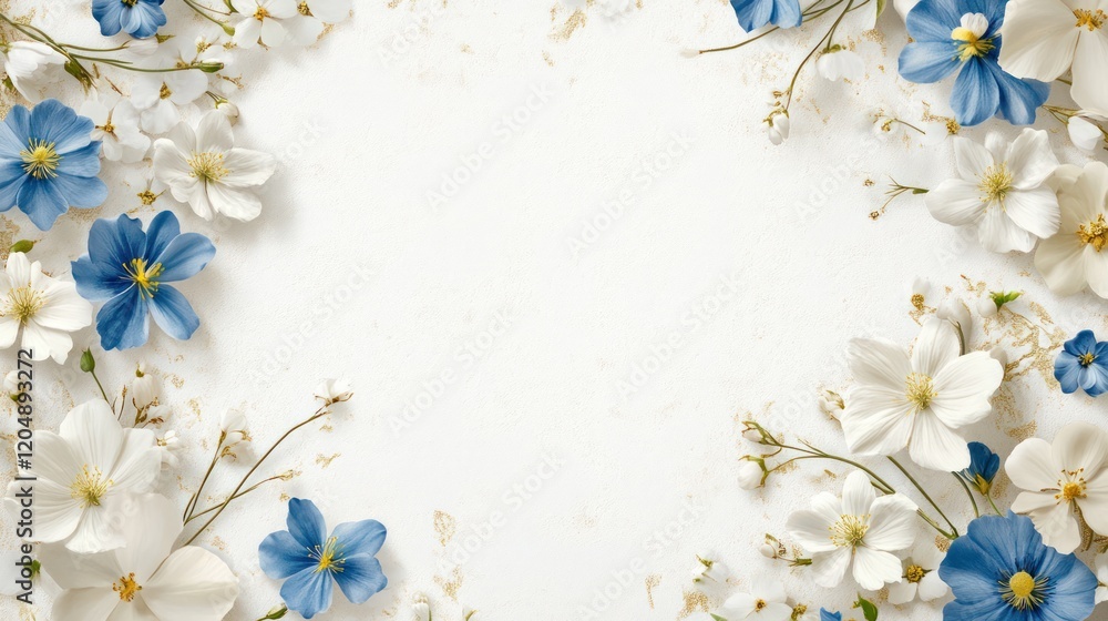 Floral frame border of white and blue flowers on a light background Floral frame border of white and blue flowers on a light background