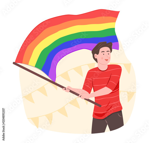 Gay Man Holding Rainbow Flag for LGBT Gay Pride Celebration Concept Illustration