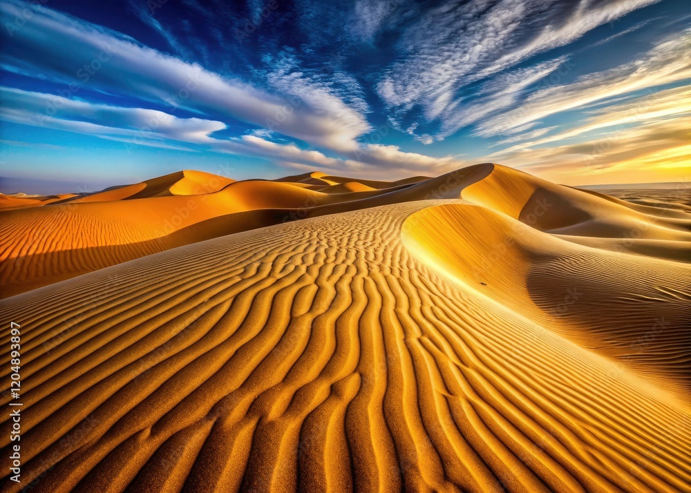 Naklejka premium Closeup Desert Sand Dunes, Arid Landscape Photography, High-Resolution Image, Dune Texture, Sahara Desert, Desert Background