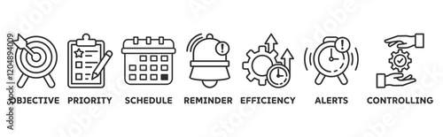 Time Management icon set illustration concept with icon of objective, priority, schedule, reminder, efficiency, alert, controlling