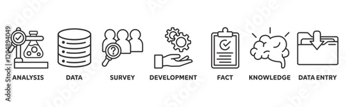 Research icon set illustration concept with icon of analysis, data, survey, development, fact, knowledge, data entry