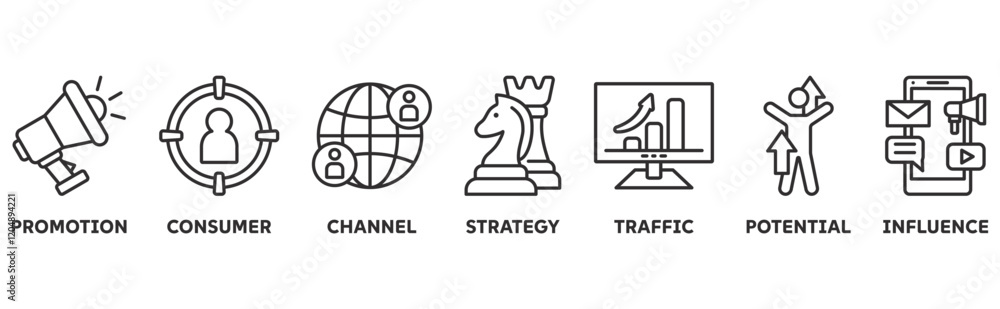 Lead Generation icon set illustration concept with icon of promotion, consumer, channel, strategy, traffic, potential, influence Lead Generation icon set illustration concept with icon of promotion, consumer, channel, strategy, traffic, potential, influence