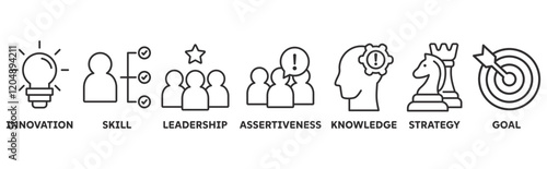 Entreprenuer icon set illustration concept with icon of innovation, skill, leadership, assertiveness, knowledge, strategy, goal	
