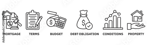 Refinance icon set illustration concept with icon of mortgage, terms, budget, debt obligation, conditions, property