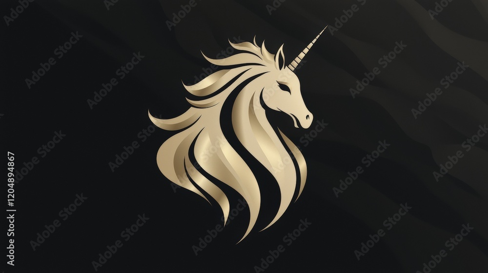 Elegant golden unicorn silhouette on dark background with flowing mane design Elegant golden unicorn silhouette on dark background with flowing mane design