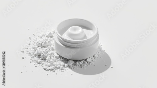 Eye-level close-up of a pristine white plastic jar, sealed with a matching lid, perched atop gleaming piles of loose mineral eyeshadows. Its subtle shadow dances elegantly to the right on a seamless w photo