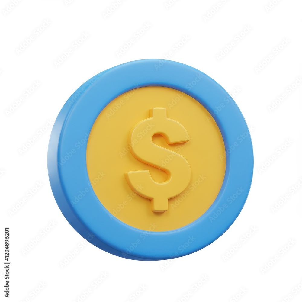A 3D illustration of a yellow coin with a dollar sign embossed in the center surrounded by a blue circular border isolated on a white background. A 3D illustration of a yellow coin with a dollar sign embossed in the center surrounded by a blue circular border isolated on a white background.