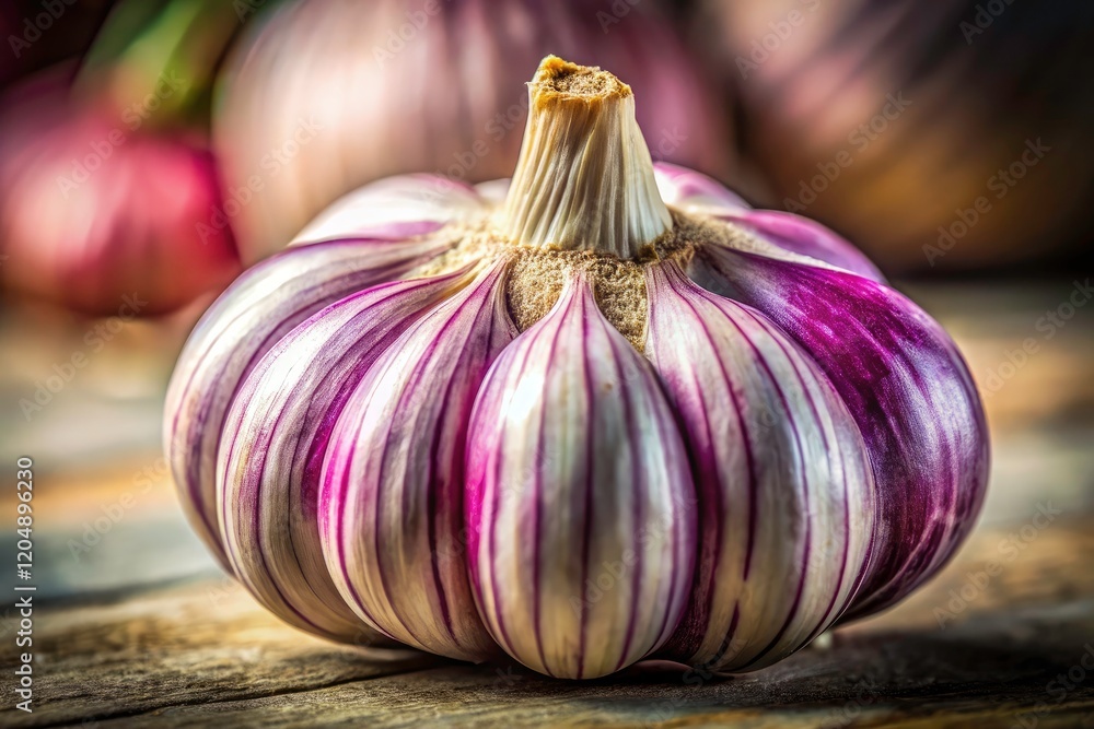 Obraz premium Studio-lit close-up: a vibrant organic garlic bulb, showcasing its healthy, culinary appeal.