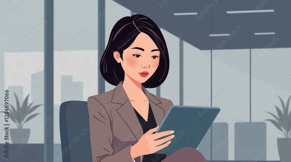 A modern flat design illustration in a moody style of an elegant Asian businesswoman with a focused expression, sitting in an office, using a digital tablet, rendered in low contrast, simple shapes. A modern flat design illustration in a moody style of an elegant Asian businesswoman with a focused expression, sitting in an office, using a digital tablet, rendered in low contrast, simple shapes.