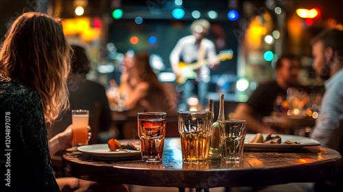 A woman sits alone at a table in a dimly lit bar, enjoying a drink. A band plays in the background, their performance blurred but visible. The atmosphere is relaxed and intimate.