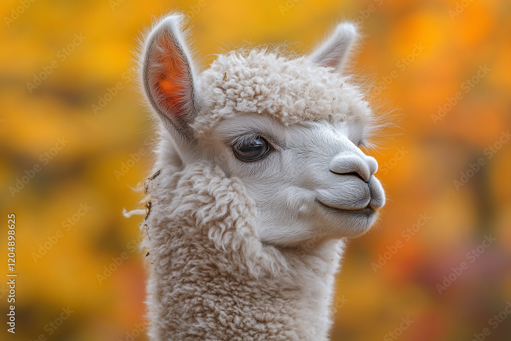 Obraz premium Adorable White Alpaca Portrait Against Autumnal Background