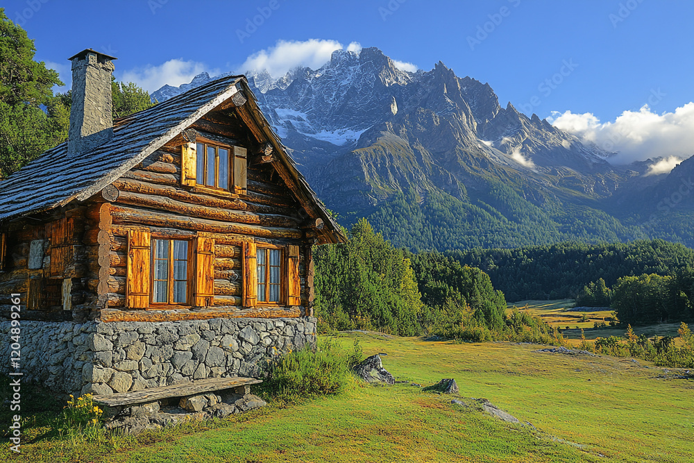 Fototapeta premium Mountain Cabin nestled amidst Alpine scenery
