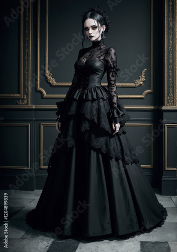 portrait of a woman in a dress in gothic style with gilded walls behind her