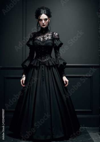 Hauntingly beautiful goth woman with lace and black details standing in a dark hallway