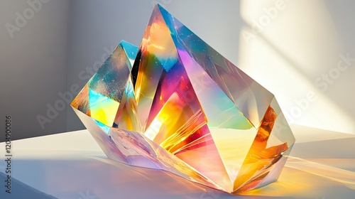 Abstract Glass Sculpture with Prismatic Colors